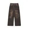 Waste Earth Style Dirty Jeans Masculino Fried Street Design moderno Plissado Solto Calças de perna larga tamanho grande
