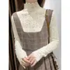 Elegante blusa de encaje para mujer con cuello alto, forrada de polar, engrosada, de manga larga, top adelgazante, ropa de mujer de alta gama de lujo ligero