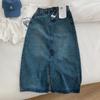 Saia jeans com fenda de cintura alta estilo coreano, feminina, verão, comprimento médio, pequena, primavera e outono, nova saia com fenda em linha A