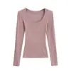 543-25 Otoño e Invierno Cuello en U Cara Limpia Básico Ceñido a la Cintura Manga Larga Camiseta Interior Pulóver Camiseta Estilo Blogger de Instagram