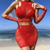 Roupa de banho sexy transpassada de malha fina com strass, saia de quadril, terno sexy de manga longa, malha com strass tz629
