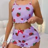 Amazon Más Vendido Ropa de Estar para Mujer Europea y Americana Camisola Conjunto de Pijama Lindo Estampado de Fresas Pijama con Volantes