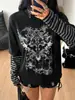 Top Estampado Estilo Gótico Y2K Falso Dos Piezas, Camiseta Hot Girl de Manga Larga con Retazos Rayados de Corte Holgado, Top Punk Vintage