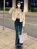Calça Jeans Flare Azul Escuro para Mulheres, Primavera/Verão 2026, Emagrecedora, Cintura Alta, Justa, Elástica, Barra Desfiada, Calça Longa, Calça Flare Pequena