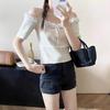 Camiseta corta de verano para mujer, estilo occidental, con encaje puro, sin hombros, con cuello halter, manga corta, que rejuvenece, bonita, camisa pequeña