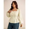 Blusa francesa cuadrada de talla grande europea y americana para mujer con botones metálicos de una fila, dobladillo con volantes, entallada a la cintura, mangas largas abullonadas y corte corto.