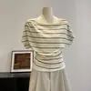 Top Casual y Elegante de Bloques de Color a Rayas Off-Shoulder Falso Dos Piezas de Manga Larga con un Diseño de Moda para Otoño, Versátil Top de Manga Corta de un Hombro