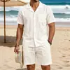 2026 Conjunto de Praia Masculino Casual de Algodão e Linho Respirável de Manga Longa com Shorts de Cinco Pontos Estilo Americano para Todas as Estações
