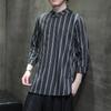 Camisa de Lino de Manga Corta para Hombre Verano Cuello Pequeño Rayada Medio Abierta Marca de Moda Vintage Algodón Lino Camiseta de Media Manga