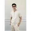 Camisa polo de punto con textura de algodón y lino color marrón melardo para hombre, de verano, madura y estable, entallada en la cintura, de hombros rectos, manga corta