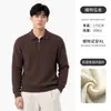 Suéter Masculino de Tricô com Gola Lapela e Meio Zíper Outono Inverno Trama Texturizada Estilo Old Money Casual Peça de Roupa Externa Manga Longa Camisa Polo