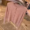 Estilo suave estilo coreano rosa vazado de malha com mangas compridas cardigã feminino início do outono único bonito casaco curto estilo absolutamente deslumbrante suéter
