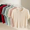 26º Verano Nuevo para Mujer Retro Tejido de Canalé Cuello Polo Manga Corta Ajustado Elegante Cuello Solapa Top Camiseta