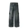 Jeans Americano Retro Lavado Desgastado Design Desconstruído para Homens Marca Tendência Cool Solto Reta Perna Larga Calças Scimitar