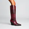 Tacón de Cuña Punta Fina Cuadros Amazon 2023 Nuevas Botas Largas Comercio Exterior Rojo Vino Marrón Oscuro Adulto Pre-Order Artículo Caliente