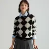 [100% Lana] Cardigan de Punto Casual Retro Color de Contraste Cuadros Cuello Redondo Otoño e Invierno 2025 Chaqueta de Lana para Mujer