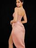 Ropa de Otoño e Invierno para Mujer Estilo Europeo y Americano Amazon Sexy Escote en V Satín Hueso de Pez Plisado Abertura Tirantes Vestido Midi Cintura Alta