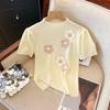 Suéter feminino de manga curta, com estampa floral tridimensional, doce e suave, slim fit, camiseta para combinar com o verão