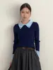 [Oufan] Hermoso Suéter de Punto Azul Marino con Cuello Polo de Manga Larga Ropa de Trabajo Sencilla para Mujer Top 11026