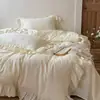 Juego de cuatro piezas de gasa de doble capa 100% algodón, suave, estilo francés, femenino, con dulce bordado de encaje, sábanas y ropa de cama de gasa de algodón puro