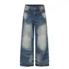 K5677 High Street Estilo Americano Unisex Streetwear Diseño de Textura de Bigotes Frotados a Mano Jeans Retro Holgados de Pierna Ancha para Hombre