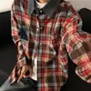 Camisa xadrez de manga comprida retrô estilo americano, moda masculina, primavera e outono, marca de moda, costura de casal, gola jeans, jaqueta xadrez amarela