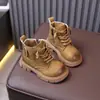 Botas Martin para crianças de 6 a 12 anos, botas de couro estilo britânico para meninas outono e inverno, botas curtas antiderrapantes, botas amarelas da moda para meninos