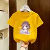 Camiseta de Algodão Puro Manga Curta para Meninas Roupas Infantis Camisa Versátil de Manga Meia-Manga Gola Redonda para Crianças Moda de Verão para Bebês Camiseta Tendência com Estampa de Desenho Animado