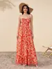 Vestido Maxi Floral Americano e Europeu de Alça no Pescoço e Faixa Tomara-que-caia Busto Torcido Elástico Cintura Alta Barra Larga Vestido Longo de Férias na Praia