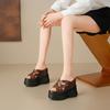 Chinelos Puffin com Elevação de Altura de 14 cm para Mulheres Verão Couro Genuíno Bico Aberto Sapatos Femininos Solado Grosso Inclinação Salto Alto Chinelos Preguiçosos