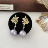 Pendientes Colgantes de Sirena Morados Fantasía Retro Franceses con Perlas Pendientes de Flor Estéreo Dorados de Alta Gama a la Moda