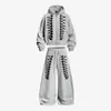 Conjunto de sudadera con capucha bordada y botones de estilo American high street en gris, cárdigan con cremallera de corte holgado y pantalón largo de pierna ancha, conjunto de dos piezas