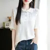 Camiseta de Manga Corta Holgada con Hombros Caídos para Mujer, Estilo Old Money, Cuello Polo, Hilo de Algodón Puro Perezoso, Tejido de Punto Calado con Trenzas y Cuello Solapa