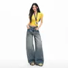 Jeans de Mezclilla Lavada con Diseño Yuppie Deconstruido y Líneas Tridimensionales, Pantalones de Pierna Ancha para Mujer, Pantalones Largos hasta el Suelo Hechos de Algodón de Primavera
