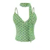 Camisola Halter de Cuello en V con Lunares Estilo Americano Picante para Mujer, Top Corto Elegante de Verano Ajustado sin Espalda con Almohadillas en el Pecho