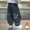 Roupas de Outono e Inverno para Meninos Estampa de Desenho Veludo Interno Jeans Calça Casual Solta de Veludo Infantil Calças de Bebê Comércio Exterior