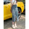 Falda vaquera de cintura alta estilo retro americano para mujer, falda de verano de longitud media con abertura, línea A versátil, falda azul clásica