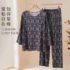 Pijama de Algodón y Seda para Mujer de Mamá, Conjunto de Dos Piezas de Manga Larga para Primavera, Otoño e Invierno, Talla Grande Estampado para Ropa de Casa de Mujeres de Mediana Edad y Mayores