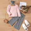 Ins Conjunto de Calça Wide Leg Casual Slim-Fit e Blusa de Manga Longa com Gola Quadrada de Algodão de Cor Lisa Simples para Meninas Europeias e Americanas Outono e Inverno