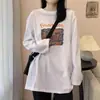 Camiseta de Manga Larga de Algodón Puro Talla Grande para Mujer, Capa Base de Otoño, Longitud Media, Corte Holgado, Top Versátil de Cuello Redondo para Hombre