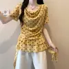 Ropa para Mujer Tallas Grandes Verano 2026 Nueva Camiseta de Manga Corta con Cuello Drapeado de Lunares para Mujeres con sobrepeso, Top Fino Adelgazante y Versátil