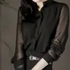 Camisa de Manga Larga para Mujer 2026 Primavera/Verano Nuevo Estilo Coreano Ajustada Negra Cuello Alto Chifón Transparente Sexy Top Ol