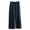 Calça Curva Azul Marinho de Cintura Alta com Cordão para Mulheres Primavera/Verão 2026 Calça de Perna Larga Solta Estilo Preguiçoso Versátil Calça de Algodão e Linho Emagrecedora