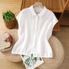 Foto Real do Verão 2025 Novo Casual Tamanho Grande Manga Curta Feminino Cor Pura Tops Bainha com Cordão Camisa Cardigã para Mulheres