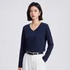 Também Parar Outono Cor Lisa Gola V Manga Longa Camiseta Feminina Algodão Puro Solta Estilo Básico Camada Base Trabalho Casual Top
