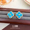 Brincos de Trevo de Quatro Folhas Turquesa Incrustados com Diamantes Estilo Francês Vintage, Brincos Elegantes e Luxuosos com um Toque Moderno de Alto Padrão para Mulheres