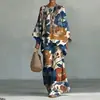 Nuevo conjunto de dos piezas para mujer: camiseta casual de moda con estampado transfronterizo, cuello redondo, manga larga + pantalones de campana