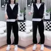 2025 Nova Moda Outono Terno Feminino Colete com Capuz Camiseta Básica Estilo Coreano Elegante Caimento Amplo Perna Larga Casual Conjunto de Três Peças