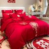 Conjunto de Casamento de Quatro Peças Bordado Escovado Chinês de Alta Qualidade, Lençóis de Cama Vermelho Brilhante, Capa de Edredom, Roupa de Cama para Dote de Casamento