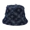 Sombrero de Pescador de Mezclilla con Borde Crudo en Forma de Estrella para Mujer, Sombrero de Cubo de Diseño de Nicho Azul, Circunferencia de Cabeza Grande, Sombrero de Cubo de Moda para Adelgazar el Rostro